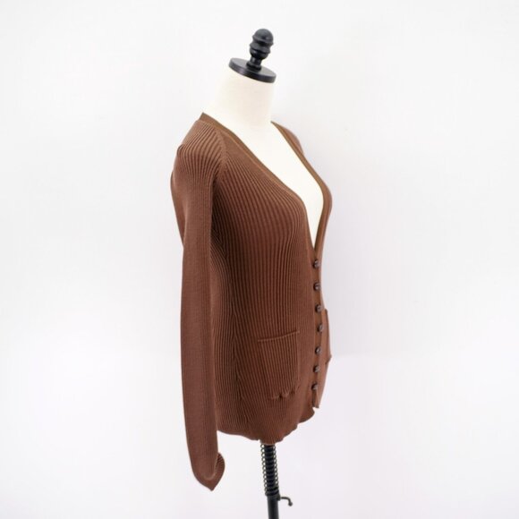 Bebe Brown Plunging V-Neck Leather Button Cardigan Sweater Ribbed Cotton Small - Picture 6 of 7
